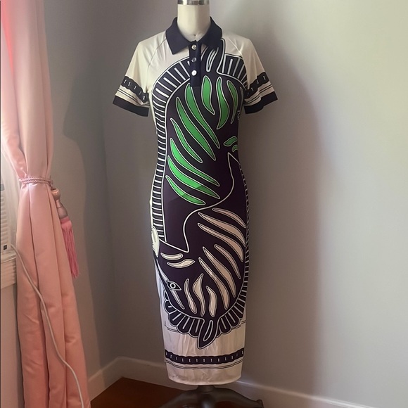 NBW Tory Burch Purple Green Stretch Mesh Collared Midi Dress Medium - Picture 1 of 3